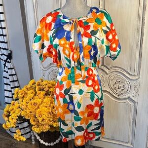 Traffic People Bright Floral Tie-Neck Waisted  Mini Dress